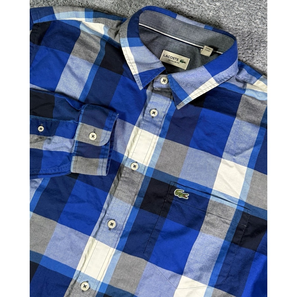 Lacoste Regular Fit Shirt Mens 44 XL Blue Plaid Cotton Button Down Long Sleeve